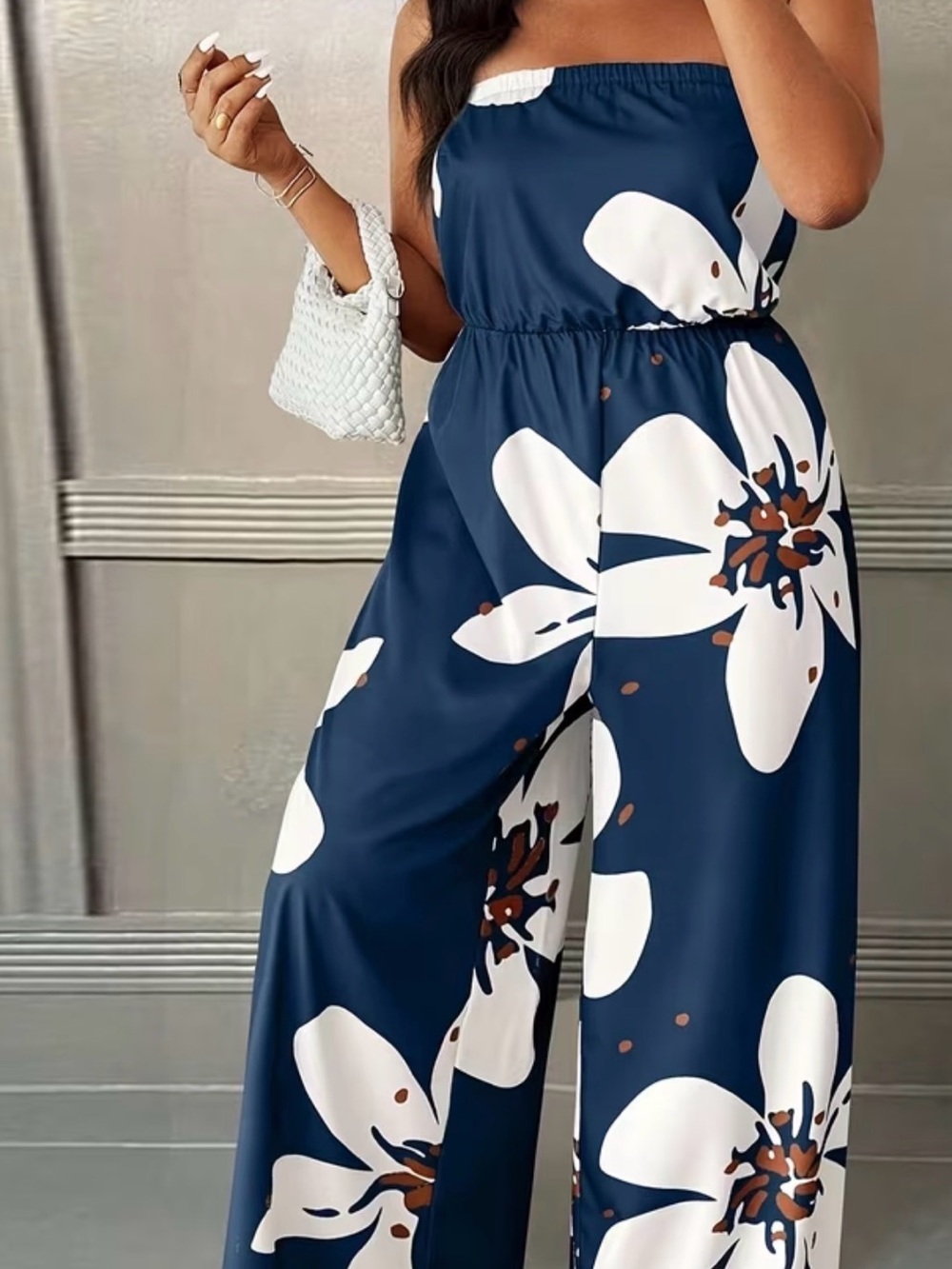 Strapless Navy Floral Wide-Leg Jumpsuit